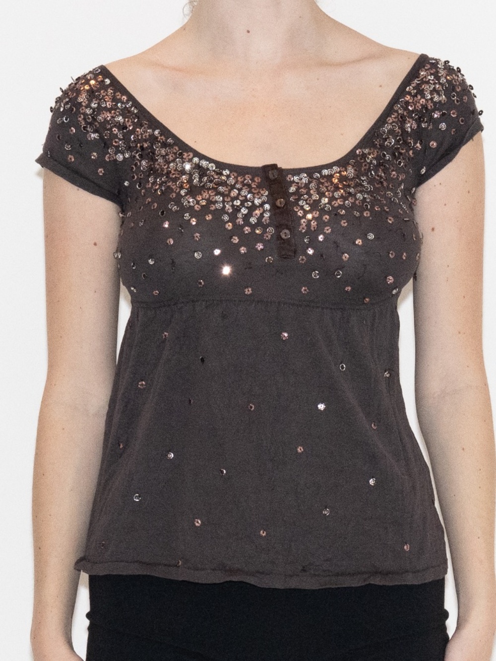 Y2k brown sequin blouse sweater top size small INC silk cotton